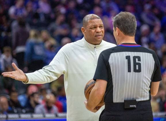 Philadelphia, Pennsylvania, United States of America, March 20th 2022: 76ers coach Doc Rivers talking to the referee during the National Basketball Association game between the Philadelphia 76ers and Toronto Raptors at Wells Fargo Center in Philadelphia, PA Georgia Soares SPP Philadelphia 76ers v Toronto Raptors 