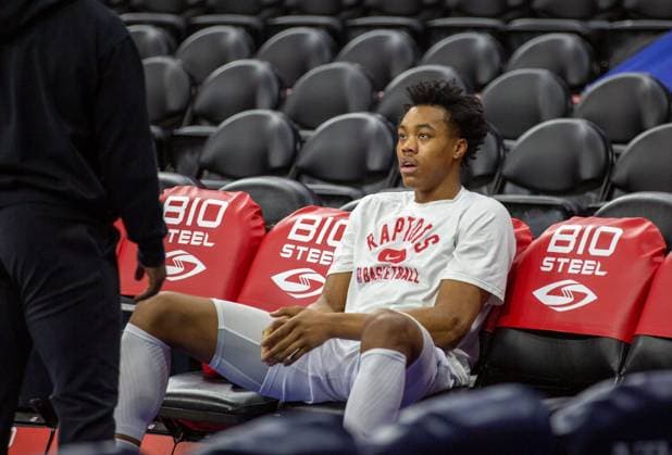 Philadelphia, Pennsylvania, United States of America, March 20th 2022: Scottie Barnes (Raptors 4) listening to instructions before the National Basketball Association game between the Philadelphia 76ers and Toronto Raptors at Wells Fargo Center in Philadelphia, PA Georgia Soares SPP Philadelphia 76ers v Toronto Raptors 