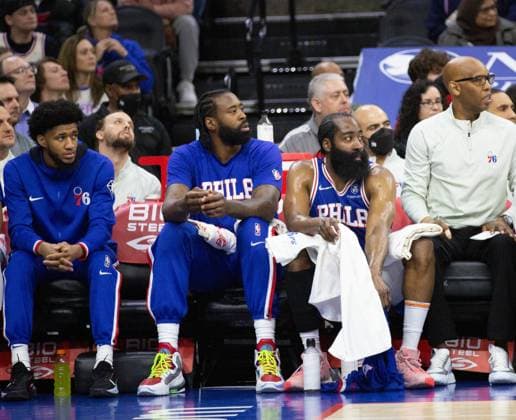 Philadelphia, Pennsylvania, United States of America, March 20th 2022: James Harden (76ers 1), DeAndre Jordan (76ers 9) at the bench during the National Basketball Association game between the Philadelphia 76ers and Toronto Raptors at Wells Fargo Center in Philadelphia, PA Georgia Soares SPP Philadelphia 76ers v Toronto Raptors 