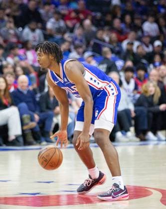Philadelphia, Pennsylvania, United States of America, March 20th 2022: Tyrese Maxey (76ers 0) going forward during the National Basketball Association game between the Philadelphia 76ers and Toronto Raptors at Wells Fargo Center in Philadelphia, PA Georgia Soares SPP Philadelphia 76ers v Toronto Raptors 