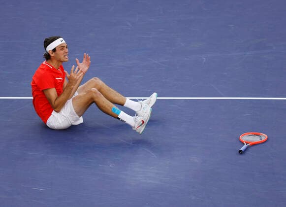March 20, 2022 Taylor Fritz celebrates winning match point against Rafael Nadal of Spain during the finals match of the 2022 BNP Paribas Open at Indian Wells Tennis Garden in Indian Wells, California. Indian Wells United States of America - ZUMAc04_ 20220320_zaf_c04_045 Copyright: xCharlesxBausx