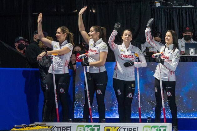 March 20, 2022, Prince George, BC, CANADA: Canada, from left, lead Briane Meilleur, second Shannon Birchard, third Val Sweeting, and skip Kerri Einarson acknowledge the crowd as they are introduced prior to the begining of the draw at CN Centre on Sunday evening during at the Women s World Curling in Prince George, B.C., Sunday, March 20, 2022. Canada News - March 20, 2022 - ZUMAc35_ 20220320_zaf_c35_116 Copyright: xJamesxDoylex