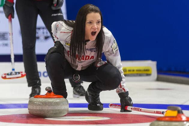 March 20, 2022, Prince George, BC, CANADA: Canada skip Kerri Einarson yells directions to her teammates as the stone enters the house at CN Centre on Sunday evening during at the Women s World Curling in Prince George, B.C., Sunday, March 20, 2022. Canada News - March 20, 2022  - ZUMAc35_ 20220320_zaf_c35_118 Copyright: xJamesxDoylex