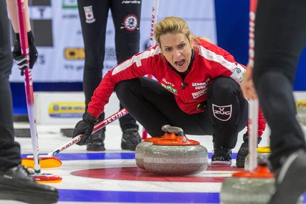 March 20, 2022, Prince George, BC, CANADA: Switzerland skip Silvana Tirinzoni yells directions to her teammates as the stone enters the house at CN Centre on Sunday evening during at the Women s World Curling in Prince George, B.C., Sunday, March 20, 2022. Canada News - March 20, 2022  - ZUMAc35_ 20220320_zaf_c35_119 Copyright: xJamesxDoylex