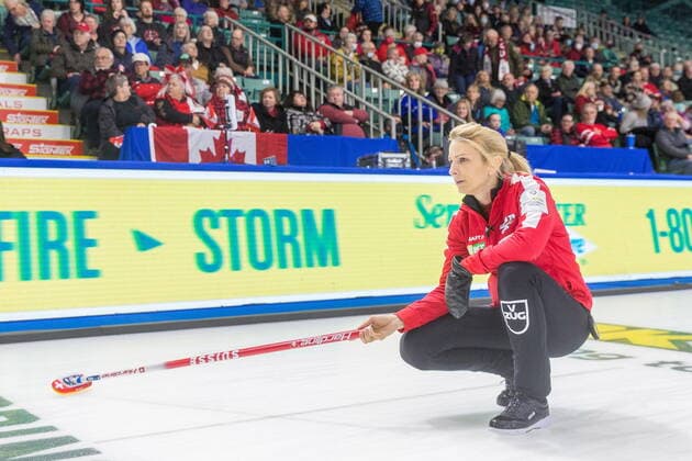 March 20, 2022, Prince George, BC, CANADA: Switzerland skip Silvana Tirinzoni keeps an eye on her stone at CN Centre on Sunday evening during at the Women s World Curling in Prince George, B.C., Sunday, March 20, 2022. Canada News - March 20, 2022  - ZUMAc35_ 20220320_zaf_c35_130 Copyright: xJamesxDoylex