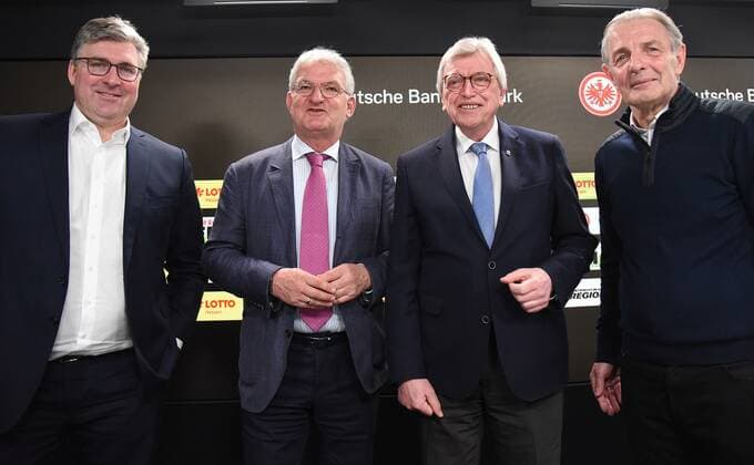 21 03 2022 Frankfurt am Main, Deutsche Bank Park Football, 1 Bundesliga, 2021 2022 season Press conference Eintracht Frankfurt in der Region Axel Hellmann, Spokesman of the Board Eintracht Frankfurt Fußball AG Dr Heinz Georg Sundermann, Managing Director LOTTO Hessen Volker Bouffier, Prime Minister of Hesse and patron of Eintracht in der Region Karl Heinz Körbel, Head of Traditional Team and Football School at Eintracht Frankfurt emspor, DFL regulations prohibit any use of photographs as image sequences and or quasi video