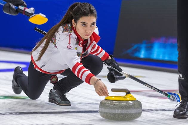 March 22, 2022, Prince George, BC, Canada: Turkey skip Dilsat Yildiz throws a stone against Denmark at the Womens World Curling in Prince George, B.C., on Tuesday, March 22, 2022. Canada News - March 22, 2022  - ZUMAc35_ 20220322_zaf_c35_046 Copyright: xJamesxDoylex