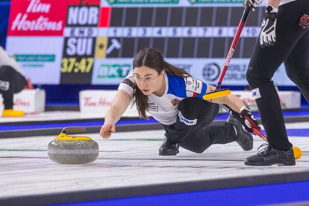 March 22, 2022, Prince George, BC, Canada: Team Czech Republic second Michaela Baudysova throws a stone at CN Centre on Tuesday afternoon during at the Women s World Curling in Prince George, B.C., on Tuesday, March 22, 2022. Canada News - March 22, 2022  - ZUMAc35_ 20220322_zaf_c35_141 Copyright: xJamesxDoylex