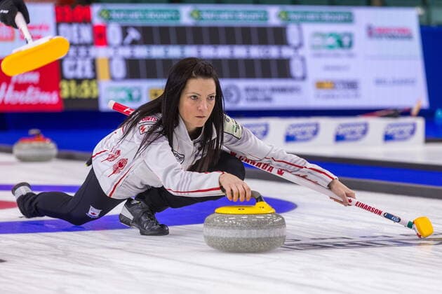 March 22, 2022, Prince George, BC, Canada: Team Canada skip Kerri Einarson throws a stone at CN Centre on Tuesday afternoon during at the Women s World Curling in Prince George, B.C., on Tuesday, March 22, 2022. Canada News - March 22, 2022  - ZUMAc35_ 20220322_zaf_c35_144 Copyright: xJamesxDoylex