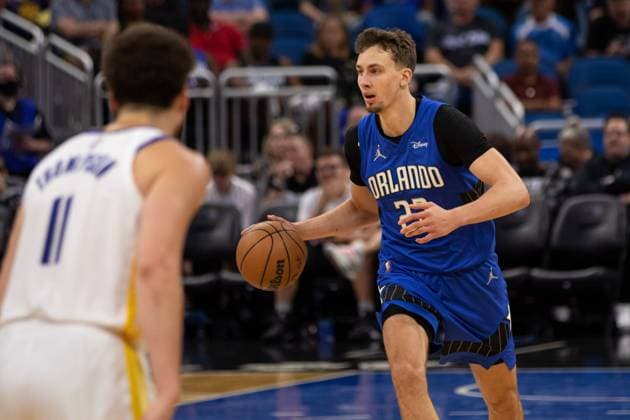 Orlando, Florida, March 22nd 2022: Franz Wagner (22 Orlando Magic) dribbles the ball during the National Basketball Association game between Orlando Magic and Golden State Warriors at Amway Center in Orlando, Florida. Andrea Vilchez SPP Orlando Magic v Golden State Warriors - National Basketball Association - Amway Center 