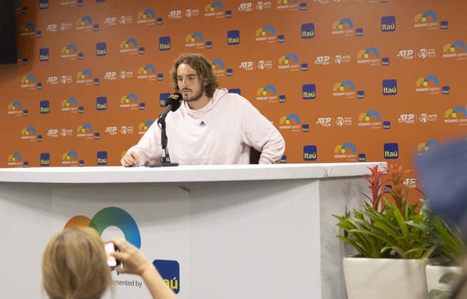 Stefanos Tsitsipas talks to the media during the Miami Open in the Hard Rock Stadium in Miami Gardens, Florida, Wednesday, on March 23, 2022.  MIA20220323107 GARYxIxROTHSTEIN