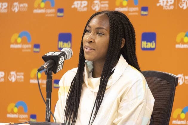 Coco Gauff talks to the media during the Miami Open in the Hard Rock Stadium in Miami Gardens, Florida, Wednesday, on March 23, 2022.  MIA20220323111 GARYxIxROTHSTEIN