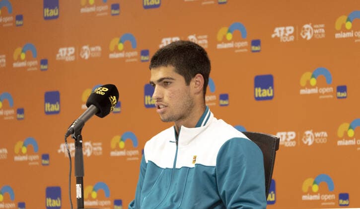 Carlos Alcaraz talks to the media during the Miami Open in the Hard Rock Stadium in Miami Gardens, Florida, Wednesday, on March 23, 2022.  MIA20220323113 GARYxIxROTHSTEIN