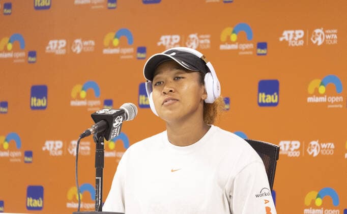 Naomi Osaka talks to the media during the Miami Open in the Hard Rock Stadium in Miami Gardens, Florida, Wednesday, on March 23, 2022.  MIA20220323120 GARYxIxROTHSTEIN