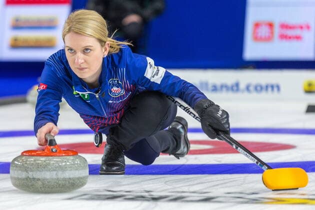 March 23, 2022, Prince George, BC, Canada: Team United States skip Cory Christensen throws a stone against Turkey at the Women s World Curling Championship in Prince George, B.C., on Wednesday, March 23, 2022. Canada News - March 23, 2022  - ZUMAc35_ 20220323_zaf_c35_092 Copyright: xJamesxDoylex
