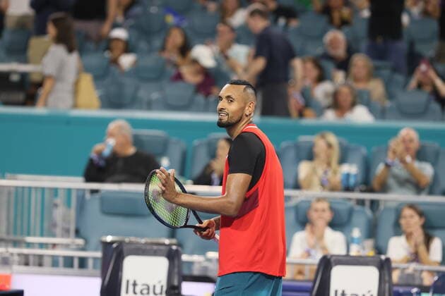 March 23, 2022, Miami Gardens, Florida, United States Of America: MIAMI GARDENS, FLORIDA - MARCH 23: Nick Kyrgios of Australia defeats Adrian Mannarino of France during the 2022 Miami Open at Hard Rock Stadium on March 23, 2022 in Miami Gardens, Florida. ...People: Nick Kyrgios Miami Gardens United States Of America - ZUMAs214 20220323_zda_s214_169 Copyright: xSMGx