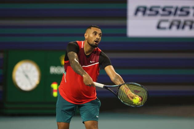 March 23, 2022, Miami Gardens, Florida, United States Of America: MIAMI GARDENS, FLORIDA - MARCH 23: Nick Kyrgios of Australia defeats Adrian Mannarino of France during the 2022 Miami Open at Hard Rock Stadium on March 23, 2022 in Miami Gardens, Florida. ...People: Nick Kyrgios Miami Gardens United States Of America - ZUMAs214 20220323_zda_s214_196 Copyright: xSMGx