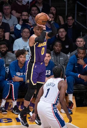 March 23, 2022, Los Angeles, California, USA: Russell Westbrook 0 of the Los Angeles Lakers takes a jump shot during their NBA, Basketball Herren, USA game against the Philadelphia 76ers on Wednesday March 23, 2022 at Crypto.com Arena in Los Angeles, California. Lakers lose to 76ers, 121-126. PI Los Angeles USA - ZUMAp124 20220323_zaa_p124_020 Copyright: xJAVIERxROJASx