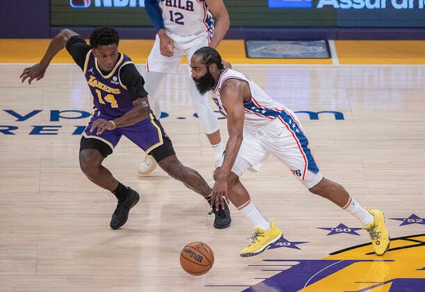 March 23, 2022, Los Angeles, California, USA: James Harden 1 of the Philadelphia 76ers is defended by Stanley Johnson 14 of the Los Angeles Lakers during their NBA, Basketball Herren, USA game on Wednesday March 23, 2022 at Crypto.com Arena in Los Angeles, California. PI Los Angeles USA - ZUMAp124 20220323_zaa_p124_021 Copyright: xJAVIERxROJASx