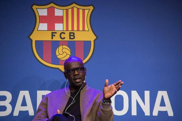 Sport Bilder des Tages March 24, 2022, Barcelona, Catalonia, Spain: Lilian Thuram (R), former FC Barcelona, Barca player and founder of the Lilian Thuram Foundation for Education against Racism is seen speaking at the FC Barcelona event, as a tool for social inclusion. The Public Diplomacy Council of Catalonia, DIPLOCAT and the FC Barcelona Foundation have organized an event on sport as a tool for social inclusion, being opened with a talk with Lilian Thuram, former French FC Barcelona player and creator of the Lilian Thuram Foundation for Education against Racism, who spoke about education and racism in the context of sports in a dialogue with Rita Marzoa, journalist and moderator of the act. Barcelona Spain - ZUMAs197 0153478623st Copyright: xThiagoxPrudenciox