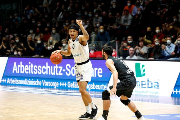 24 03 2022, easyCredit Basketball Bundesliga, BBL, season 2021 2022, men, Chemnitz Niners Hamburg Towers Nelson Weidemann, Niners Chemnitz Chemnitz Fair Chemnitz Saxony Germany