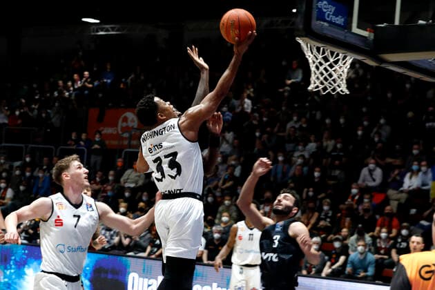 24 03 2022, easyCredit Basketball Bundesliga, BBL, season 2021 2022, men, Chemnitz Niners Hamburg Towers Eric Washington, Niners Chemnitz Chemnitz Fair Chemnitz Saxony Germany