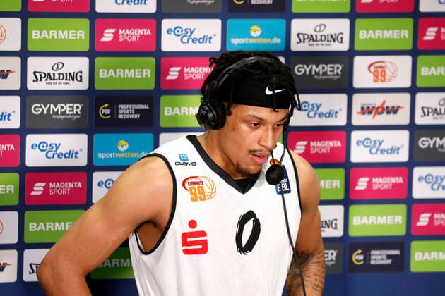 24 03 2022, easyCredit Basketball Bundesliga, BBL, season 2021 2022, men, Chemnitz Niners Hamburg Towers Nelson Weidemann, Niners Chemnitz during interview Chemnitz Fair Chemnitz Saxony Germany