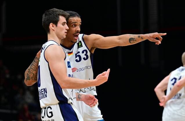 19 03 2022 Basketball Season 2021 2022 2 Bundesliga Pro A 31 Game Day Nuremberg Falcons Basketball Club NBC Eisbären Bremerhaven Shane Michael Richards 0,, Eisbären Bremerhaven Kevin Yebo 53, Eisbären Bremerhaven