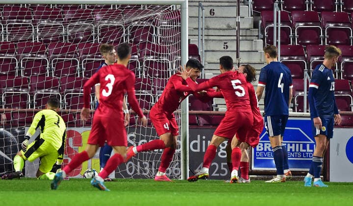 Scotland U21, U 21 v Turkey U21 UEFA Under 21 Championship Furkan Bayir of Turkey U21 celebrates his sides first goal with Teammates during the UEFA Under 21 Championship match at Tynecastle Park, Edinburgh Content Not Available For UK Newspapers Copyright: xJamiexCarterxJohnstonx FIL-16716-0023
