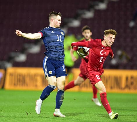 Scotland U21, U 21 v Turkey U21 UEFA Under 21 Championship Glenn Middleton of Scotland U21 and Bunyamin Balci of Turkey U21 battle for the ball during the UEFA Under 21 Championship match at Tynecastle Park, Edinburgh Content Not Available For UK Newspapers Copyright: xJamiexJohnstonx FIL-16716-0030