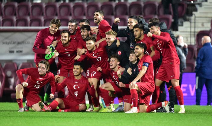 Scotland U21, U 21 v Turkey U21 UEFA Under 21 Championship Team of Turkey U21 celebrate their win during the UEFA Under 21 Championship match at Tynecastle Park, Edinburgh Content Not Available For UK Newspapers Copyright: xJamiexJohnstonx FIL-16716-0064