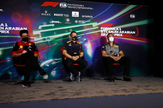 BINOTTO Mattia (ita), Managing Director of the Scuderia Ferrari, SEIDL Andreas, Team Principal of McLaren F1 Team, ISOLA Mario (ita), Motorsport Racing Manager of Pirelli, portrait, Team Principal press conference, PK, Pressekonferenz during the Formula 1 STC Saudi Arabian Grand Prix 2022, 2nd round of the 2022 FIA Formula One World Championship, WM, Weltmeisterschaft on the Jeddah Corniche Circuit, from March 25 to 27, 2022 in Jeddah, Saudi Arabia - F1 - SAUDI ARABIAN GRAND PRIX 2022 DPPI Panoramic GP2202_122822_X4I7367