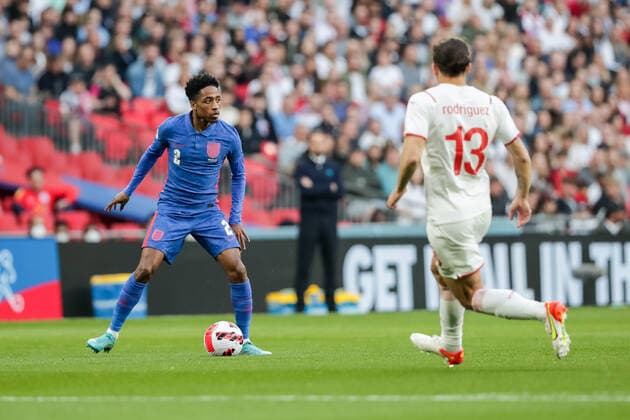 LONDON, ENGLAND MARCH 26 during the international friendly match between England and Switzerland at Wembley Stadium on March 26, 2022 in London, United Kingdom Kyle Walker Peters of England against Ricardo Rodriguez of Switzerland London Wembley Stadium England United Kingdom  Copyright: xJustPictures.chx xRichardxCallisx