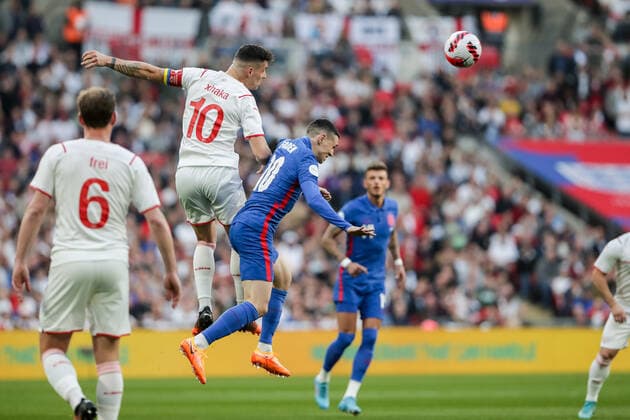 LONDON, ENGLAND MARCH 26 during the international friendly match between England and Switzerland at Wembley Stadium on March 26, 2022 in London, United Kingdom Granit Xhaka of Switzerland against Phil Foden of England London Wembley Stadium England United Kingdom  Copyright: xJustPictures.chx xRichardxCallisx