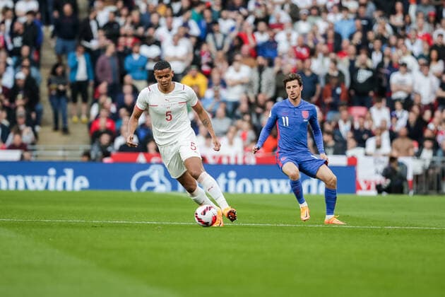 LONDON, ENGLAND MARCH 26 during the international friendly match between England and Switzerland at Wembley Stadium on March 26, 2022 in London, United Kingdom Manuel Akanji of Switzerland in action London Wembley Stadium England United Kingdom  Copyright: xJustPictures.chx xRichardxCallisx