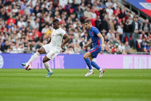 LONDON, ENGLAND MARCH 26 during the international friendly match between England and Switzerland at Wembley Stadium on March 26, 2022 in London, United Kingdom Breel Embolo of Switzerland against Conor Coady of England London Wembley Stadium England United Kingdom  Copyright: xJustPictures.chx xRichardxCallisx