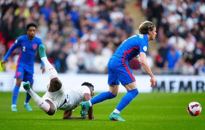 Mandatory Credit: Photo by Javier Garcia Shutterstock (12865321m) Conor Gallagher of England gets away from Breel Embolo of Switzerland England v Switzerland, International Friendly, Länderspiel, Nationalmannschaft Football, Wembley Stadium, London, UK - 26 Mar 2022 EDITORIAL USE ONLY No use with unauthorised audio, video, data, fixture lists, club league logos or live services. Online in-match use limited to 120 images, no video emulation. No use in betting, games or single club league player publications. England v Switzerland, International Friendly, Football, Wembley Stadium, London, UK - 26 Mar 2022 EDITORIAL USE ONLY No use with unauthorised audio, video, data, fixture lists, club league logos or live services. Online in-match use limited to 120 images, no video emulation. No use in betting, games or single club league player publications. Copyright: xJavierxGarcia Shutterstockx 12865321m