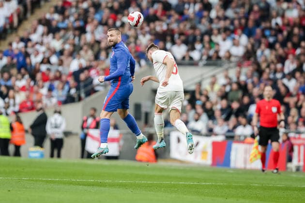 LONDON, ENGLAND MARCH 26 during the international friendly match between England and Switzerland at Wembley Stadium on March 26, 2022 in London, United Kingdom Luke Shaw of England against Silvan Widmer of Switzerland London Wembley Stadium England United Kingdom  Copyright: xJustPictures.chx xRichardxCallisx