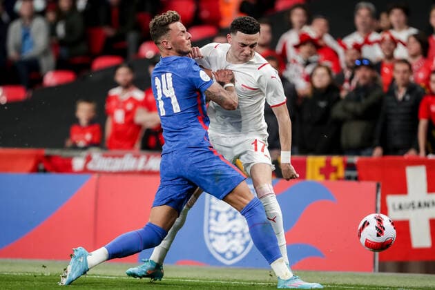 LONDON, ENGLAND MARCH 26 during the international friendly match between England and Switzerland at Wembley Stadium on March 26, 2022 in London, United Kingdom Benjamin White of England against Ruben Vargas of Switzerland London Wembley Stadium England United Kingdom  Copyright: xJustPictures.chx xRichardxCallisx
