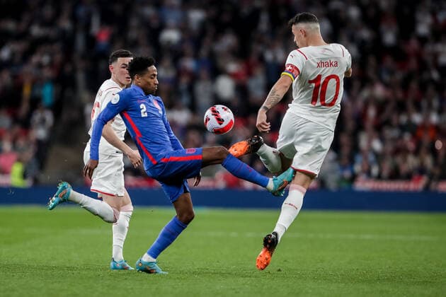 LONDON, ENGLAND MARCH 26 during the international friendly match between England and Switzerland at Wembley Stadium on March 26, 2022 in London, United Kingdom Kyle Walker Peters of England against Ruben Vargas of Switzerland and Granit Xhaka of Switzerland London Wembley Stadium England United Kingdom  Copyright: xJustPictures.chx xRichardxCallisx