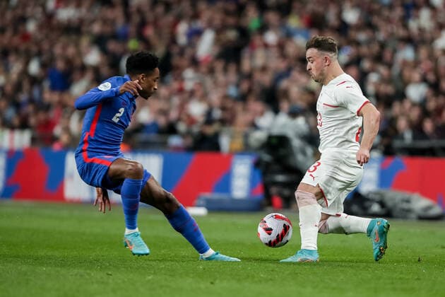 LONDON, ENGLAND MARCH 26 during the international friendly match between England and Switzerland at Wembley Stadium on March 26, 2022 in London, United Kingdom Xherdan Shaqiri of Switzerland against Kyle Walker Peters of England London Wembley Stadium England United Kingdom  Copyright: xJustPictures.chx xRichardxCallisx