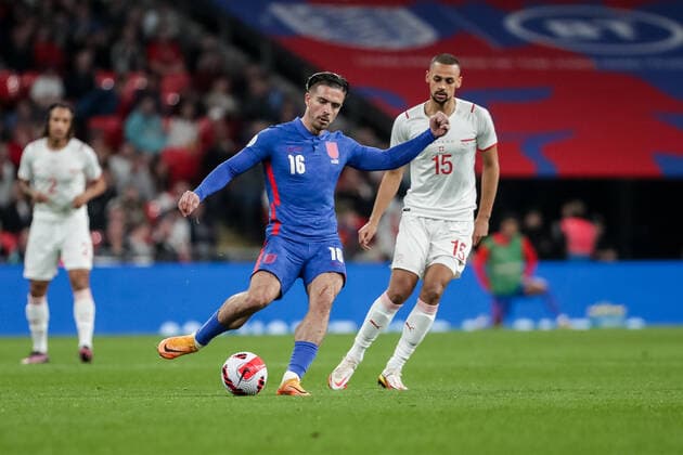 LONDON, ENGLAND MARCH 26 during the international friendly match between England and Switzerland at Wembley Stadium on March 26, 2022 in London, United Kingdom Jack Grealish of England against Djibril Sow of Switzerland London Wembley Stadium England United Kingdom  Copyright: xJustPictures.chx xRichardxCallisx