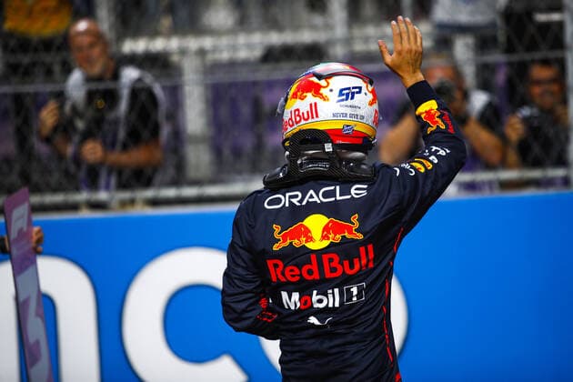 PEREZ Sergio (mex), Red Bull Racing RB18 celebrating his first pole position in F1 during the Formula 1 STC Saudi Arabian Grand Prix 2022, 2nd round of the 2022 FIA Formula One World Championship, WM, Weltmeisterschaft on the Jeddah Corniche Circuit, from March 25 to 27, 2022 in Jeddah, Saudi Arabia - F1 - SAUDI ARABIAN GRAND PRIX 2022 DPPI Panoramic  00122006__B2_9128.JPG_
