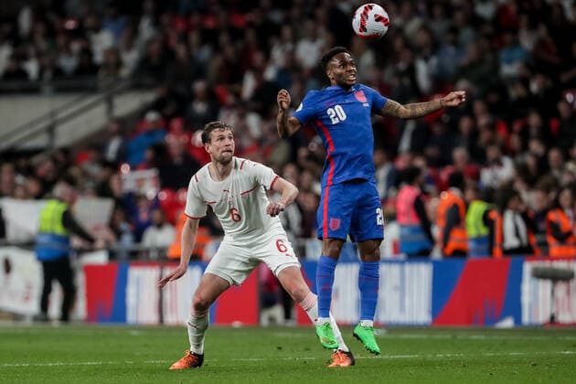 LONDON, ENGLAND MARCH 26 during the international friendly match between England and Switzerland at Wembley Stadium on March 26, 2022 in London, United Kingdom Raheem Sterling of England against Fabian Frei of Switzerland London Wembley Stadium England United Kingdom  Copyright: xJustPictures.chx xRichardxCallisx