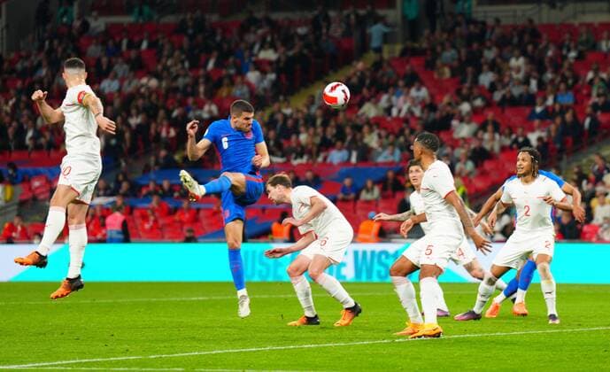 Mandatory Credit: Photo by Javier Garcia Shutterstock (12865321ag) Conor Coady of England has a header well saved England v Switzerland, International Friendly, Länderspiel, Nationalmannschaft Football, Wembley Stadium, London, UK - 26 Mar 2022 EDITORIAL USE ONLY No use with unauthorised audio, video, data, fixture lists, club league logos or live services. Online in-match use limited to 120 images, no video emulation. No use in betting, games or single club league player publications. England v Switzerland, International Friendly, Football, Wembley Stadium, London, UK - 26 Mar 2022 EDITORIAL USE ONLY No use with unauthorised audio, video, data, fixture lists, club league logos or live services. Online in-match use limited to 120 images, no video emulation. No use in betting, games or single club league player publications. Copyright: xJavierxGarcia Shutterstockx 12865321ag
