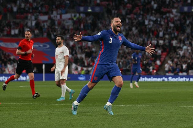 Luke Shaw of England score3s to make it 1-1 and celebrates during the Alzheimers Society International Friendly, Länderspiel, Nationalmannschaft match between England and Switzerland at Wembley Stadium, London, England on 26 March 2022. Copyright: xKenxSparksx 31490014