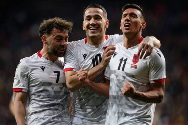 March 21, 2022, Cornella, Spain: Myrto Uzuni of Albania celebrate a goal during the International Friendly, Länderspiel, Nationalmannschaft match between Spain andAlbania at RCDE Stadium in Cornella, Spain, Cornella Spain - ZUMAd159 20220321_zia_d159_088 Copyright: xGerardxFrancox