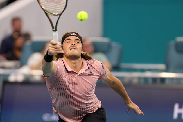March 26, 2022, Miami Gardens, Florida, United States Of America: MIAMI GARDENS, FLORIDA - MARCH 26: Stefanos Tsitsipas of Greece defeats J.J. Wolf of The United States during day 6 of the Miami Open at Hard Rock Stadium on March 26, 2022 in Miami Gardens, Florida...People: Stefanos Tsitsipas Miami Gardens United States Of America - ZUMAs214 20220326_zda_s214_207 Copyright: xSMGx