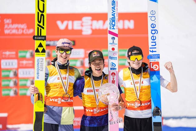 Ski jumping, WC Planica, Overall World Cup award ceremony, Kobayashi, Geiger, Fettner
