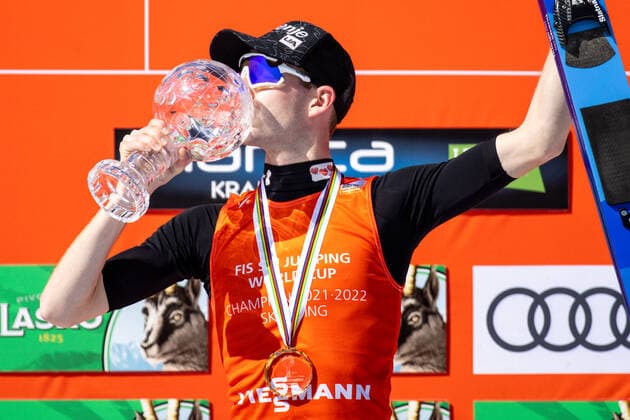 SKI FLYING - FIS WC Planica PLANICA,SLOVENIA,27.MAR.22 - NORDIC SKIING, Ski jumping, Skispringen, Ski, nordisch SKI FLYING - FIS World Cup, award ceremony. Image shows the rejoicing of Ziga Jelar (SLO). Keywords: medal, trophy.  GEPAxpictures xMaticxKlansek